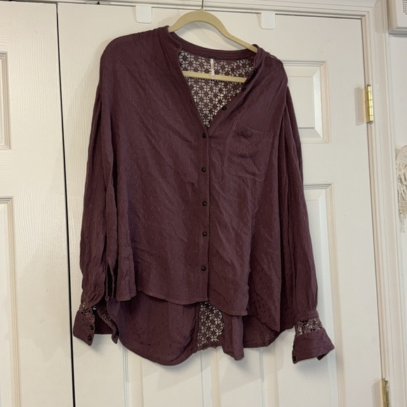 Free People purple lace crocheted back oversized button down shirt top XS-M - Picture 2 of 8
